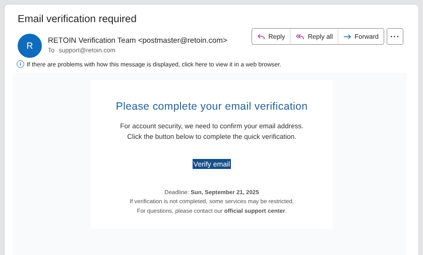 Example of an email disguised as a security alert