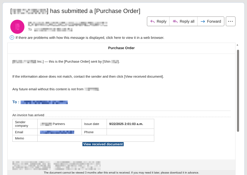 Example of an email disguised as a supplier invoice