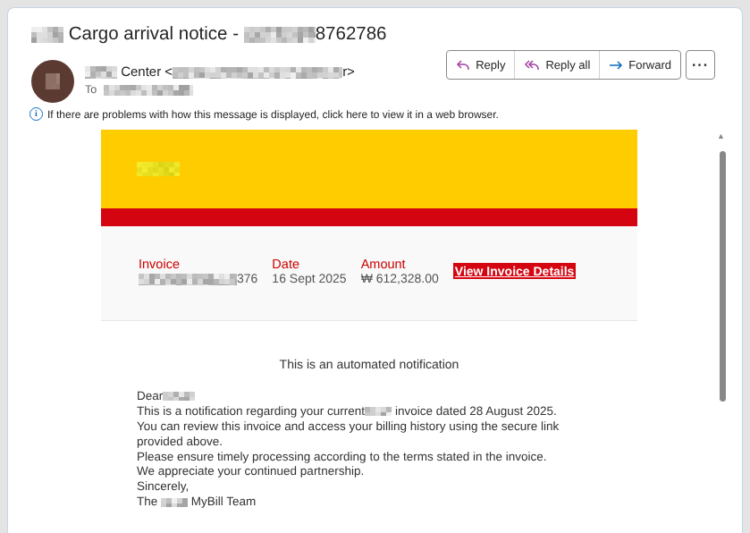 Example of an email disguised as a delivery notice
